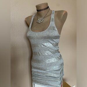 Y2k Express Silver Metallic Striped Tank Top with Ruched Sides